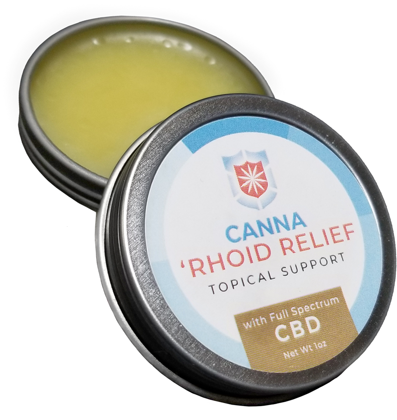 CJR bottle shot_rhoidrelief_open Two jars of Canna Joint Relief balm in two different sizes.